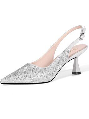 Women's Silver Kitten Heels Slingback Low Heel Shoes Closed Toe Pumps Rhinestone